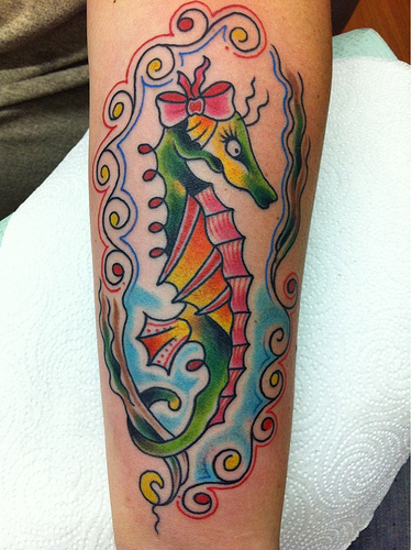 Traditional Colorful Seahorse Tattoo Design For Arm
