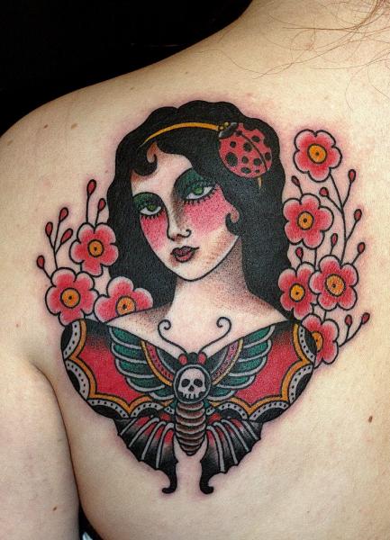 Traditional Moth With Girl Head And Flowers Tattoo On Left Back Shoulder