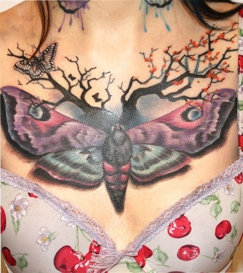 Tree And Color Moth Chest Tattoo For Girls