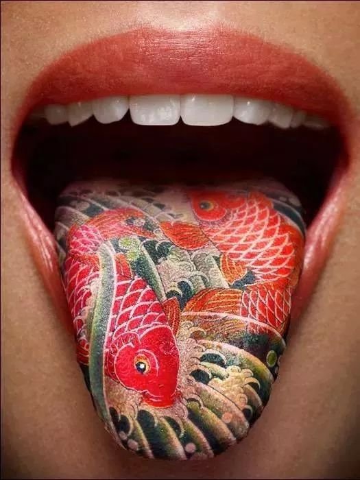 Two Koi Fish Tattoo On Tongue