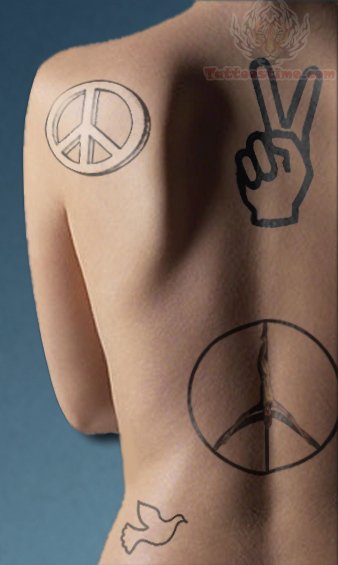 Two Peace Logo Tattoo On Back And Left Back Shoulder