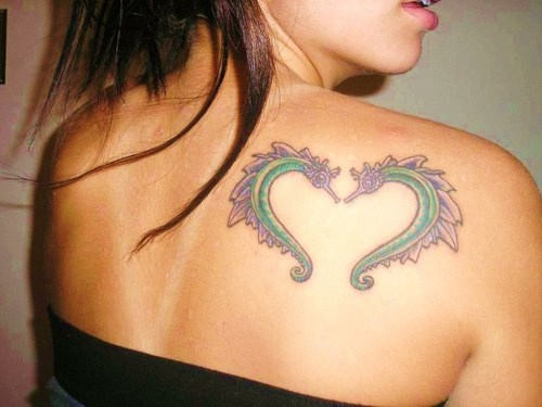 Two Seahorse Tattoo On Right Back Shoulder