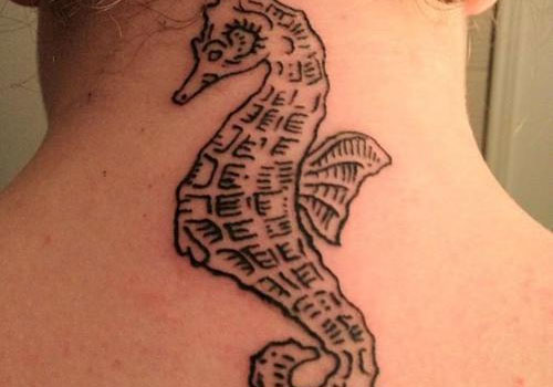 Unique Black Seahorse Tattoo On Back Neck