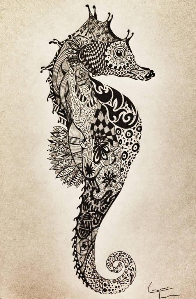 Unique Black Seahorse Tattoo Stencil