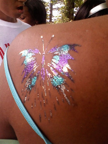 Unique Glitter Butterfly Tattoo On Left Back Shoulder