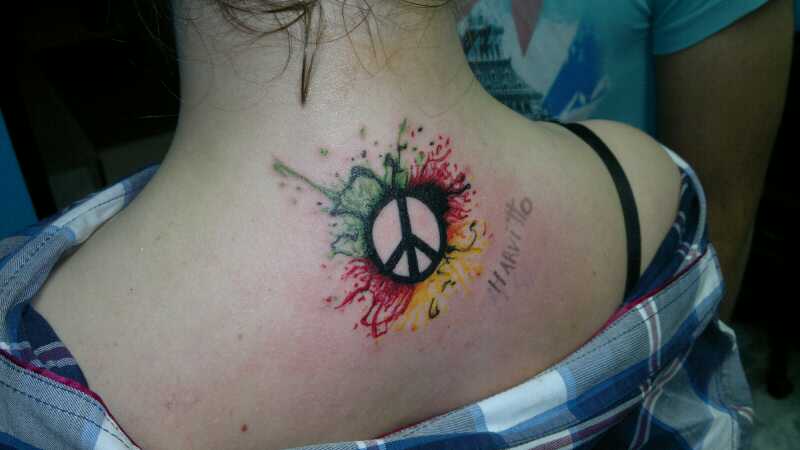 Unique Peace Logo Tattoo On Upper Back By Harvito