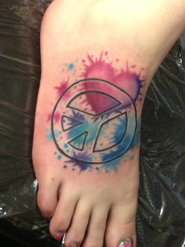 Watercolor Peace Logo Tattoo On Girl Foot