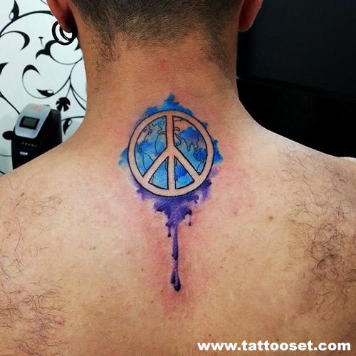 Watercolor Peace Logo Tattoo On Man Back Neck