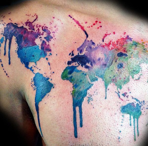 Watercolor World Map Tattoo Design For Back Shoulder