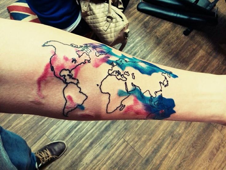 Watercolor World Map Tattoo On Forearm