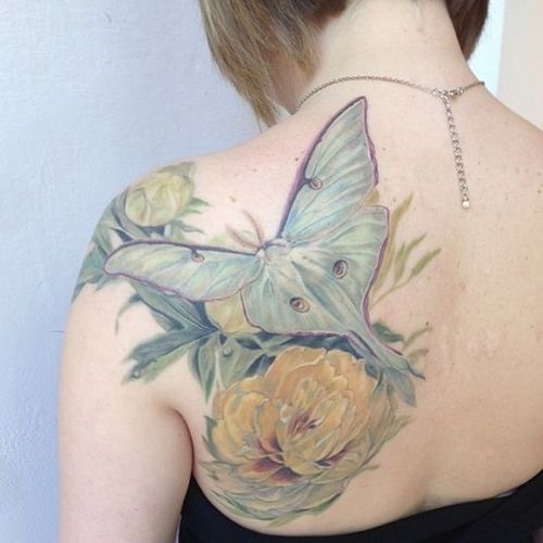 Yellow Rose And Luna Moth Tattoo On Left Back Shoulder