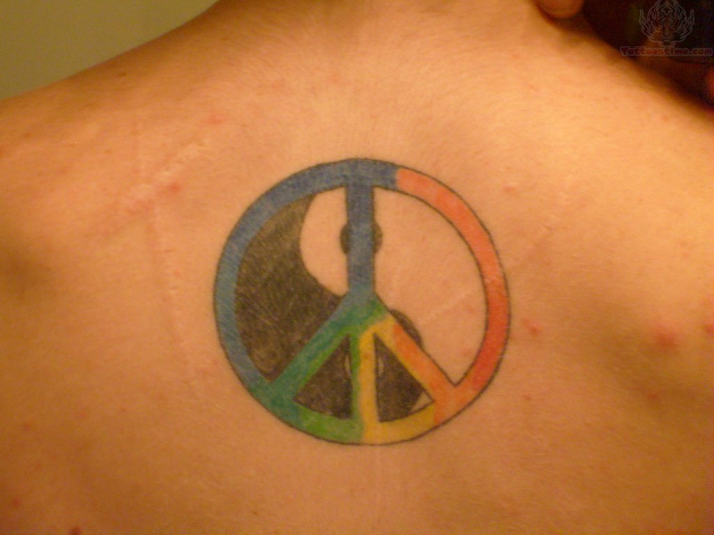 Yin Yang In Colorful Peace Logo Tattoo Design For Upper Back