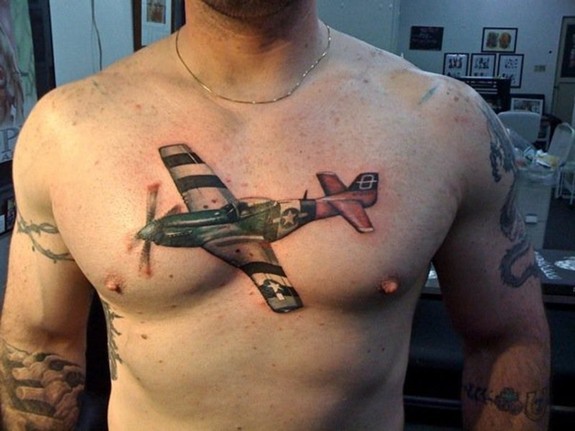 3D Airplane Tattoo On Man Chest