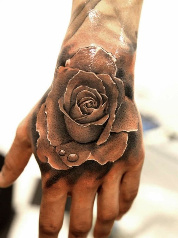 3D Black And Grey Rose Tattoo On Hand
