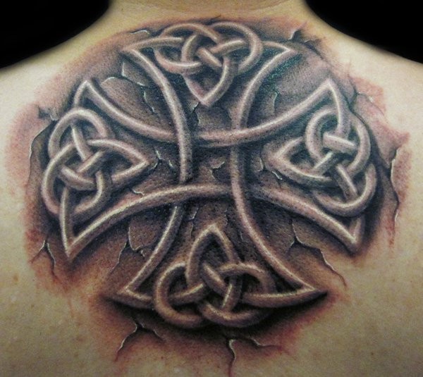 3D Black Ink Celtic Cross Tattoo On Upper Back