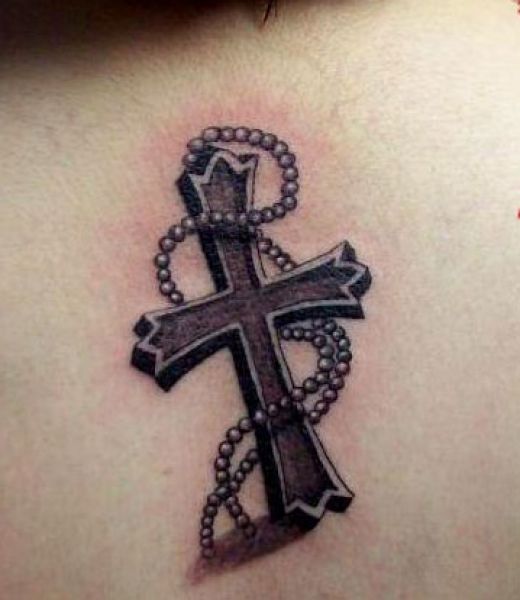 3D Black Ink Rosary Cross Tattoo Design