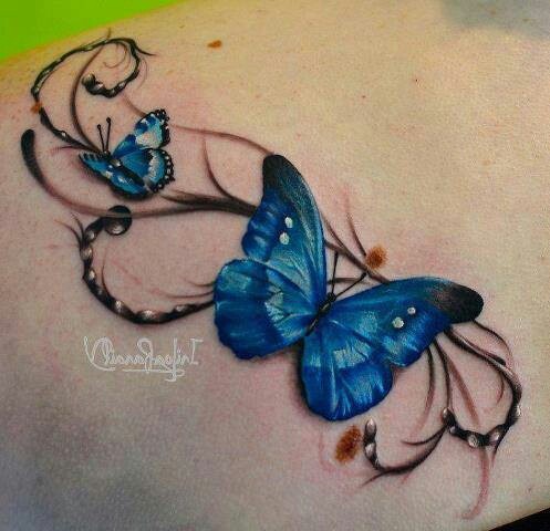 3D Blue Ink Two Butterflies Tattoo Design