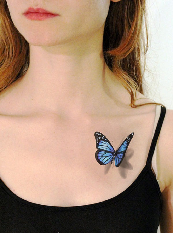 3D Butterfly Tattoo On Girl Left Front Shoulder