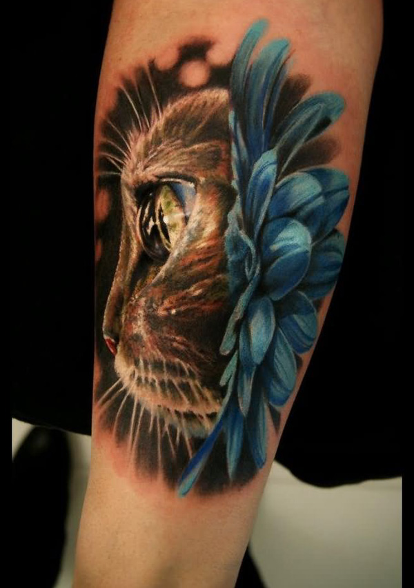 3D Cat Face Tattoo On Arm For Girls