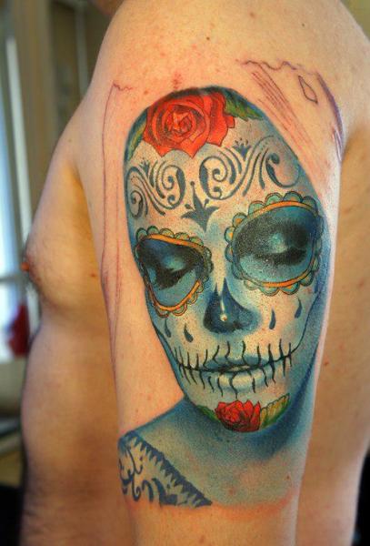 3D Colorful Dia De Los Muertos Girl Face Tattoo On Man Left Half Sleeve