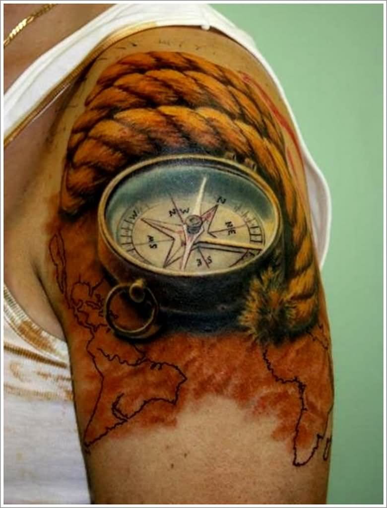 3D Compass With Rope Tattoo On Left Shoulder