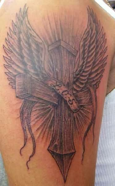 3D Cross With Angel Wings And Banner Tattoo Design For Shoulder