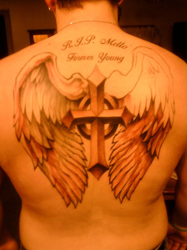 3D Cross With Angel Wings Tattoo On Man Back