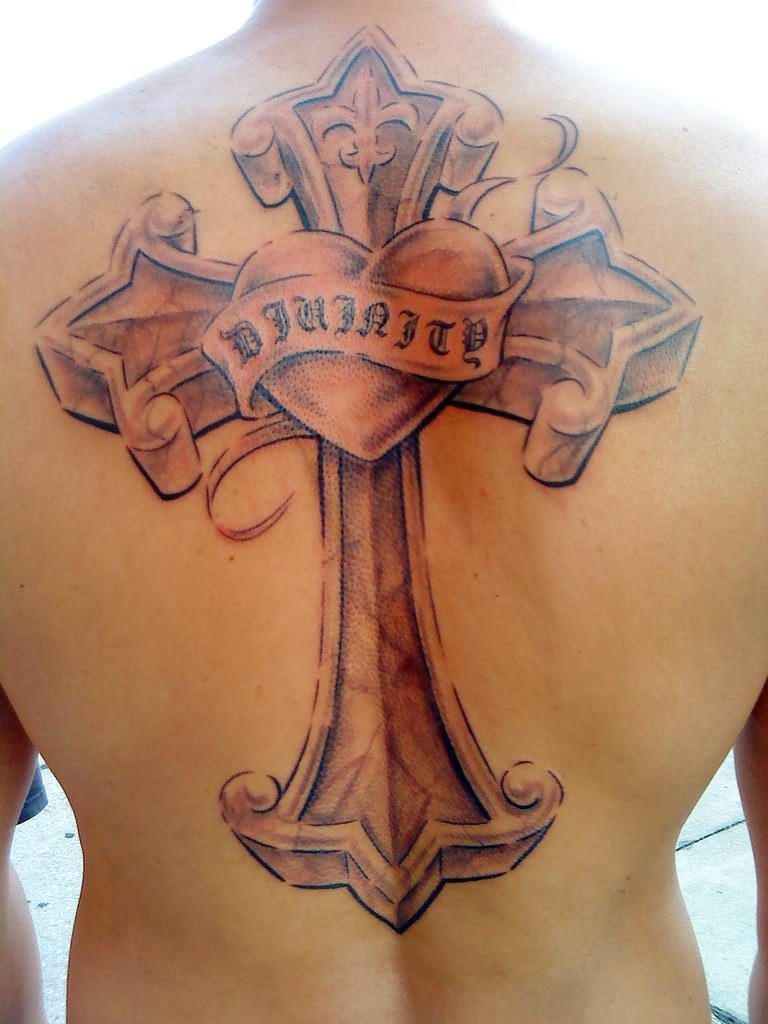 3D Cross With Heart And Banner Tattoo On Full Back