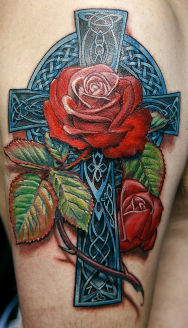 3D Cross With Two Red Rose Tattoo Design For Half Sleeve