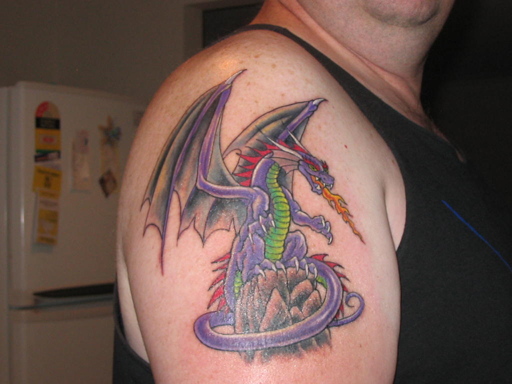 3D Fire Dragon Tattoo On Man Right Shoulder