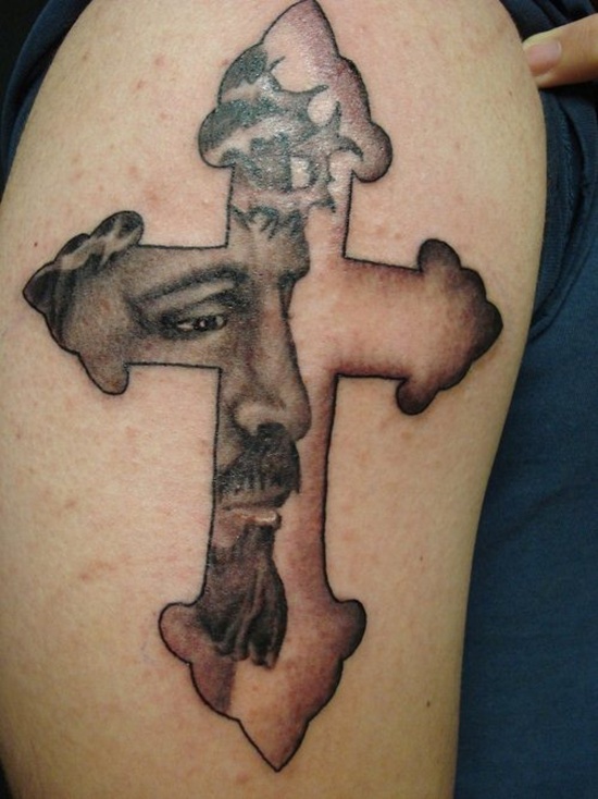 3D Jesus Face In Cross Tattoo Design For Shoulder