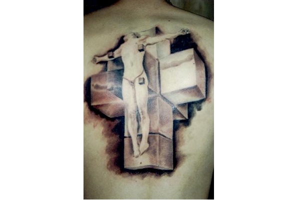 3D Jesus On Cross Tattoo On Upper Back