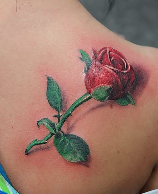 3D Red Rose Tattoo On Right Back Shoulder