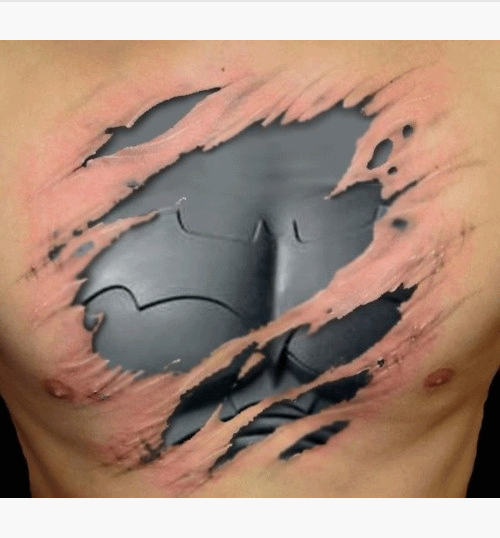 3D Ripped Skin Batman Logo Tattoo On Man Chest