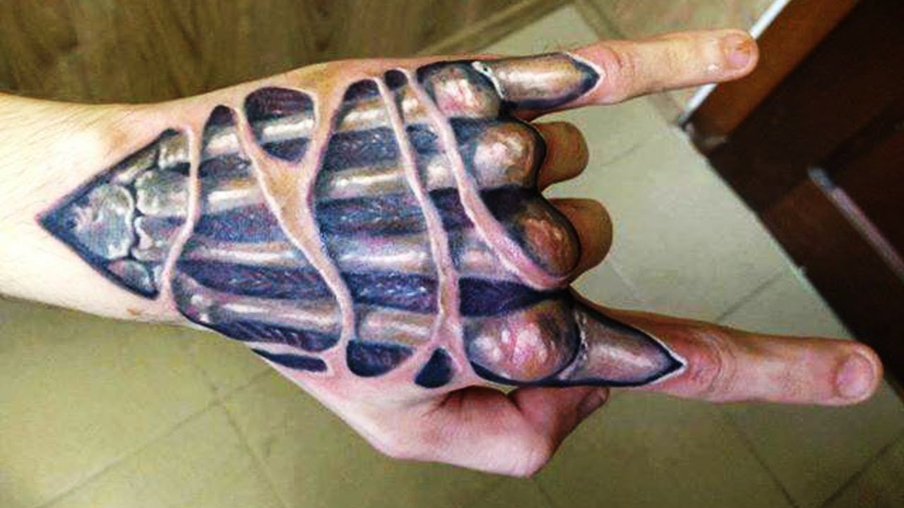 3D Ripped Skin Skeleton Hand Tattoo On Hand