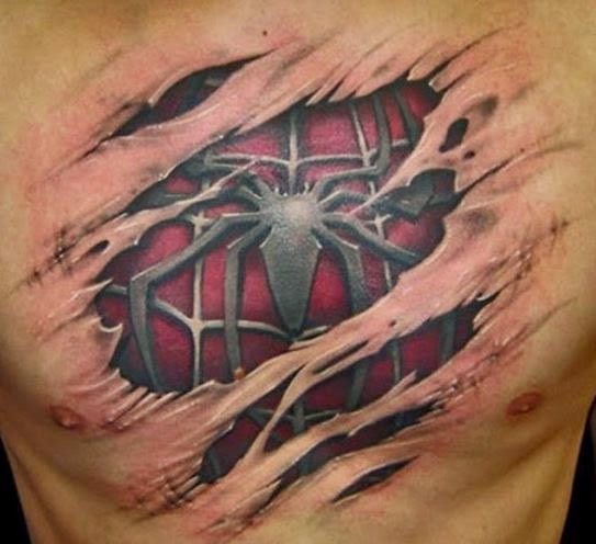 3D Ripped Skin Spider With Web Tattoo On Man Chest