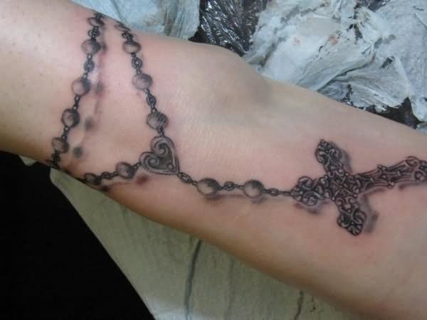 3D Rosary Cross Tattoo On Forearm