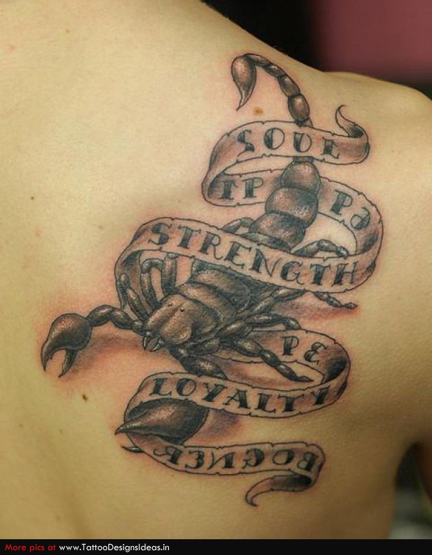 3D Scorpion With Banner Tattoo On Right Back Shoulder