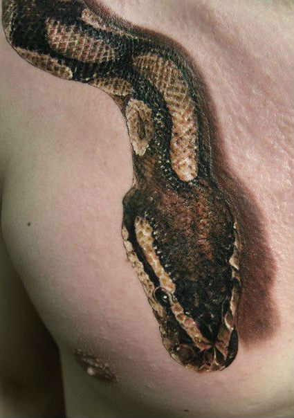 3D Snake Tattoo On Man Chest