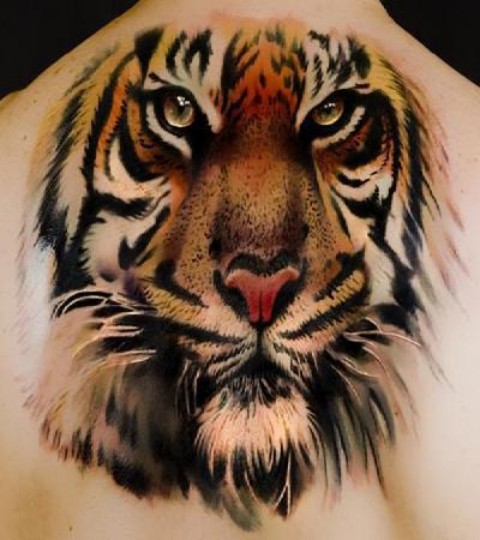 3D Tiger Head Tattoo On Upper Back