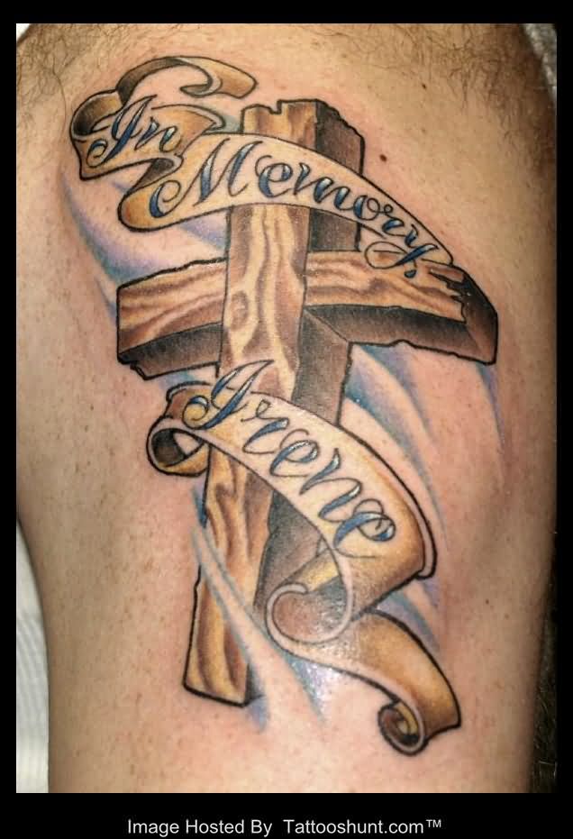3D Wooden Cross With Banner Tattoo Design For Shoulder