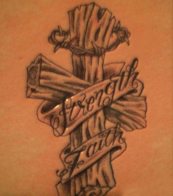 3D Wooden Cross With Banner Tattoo Design