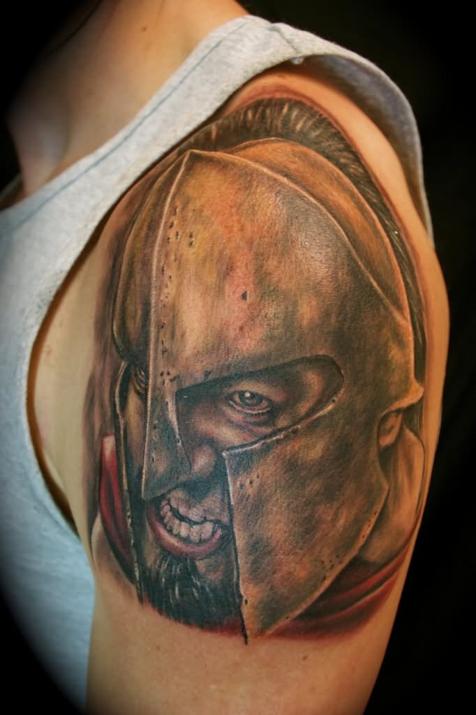 3d Spartan Tattoo On Left Shoulder