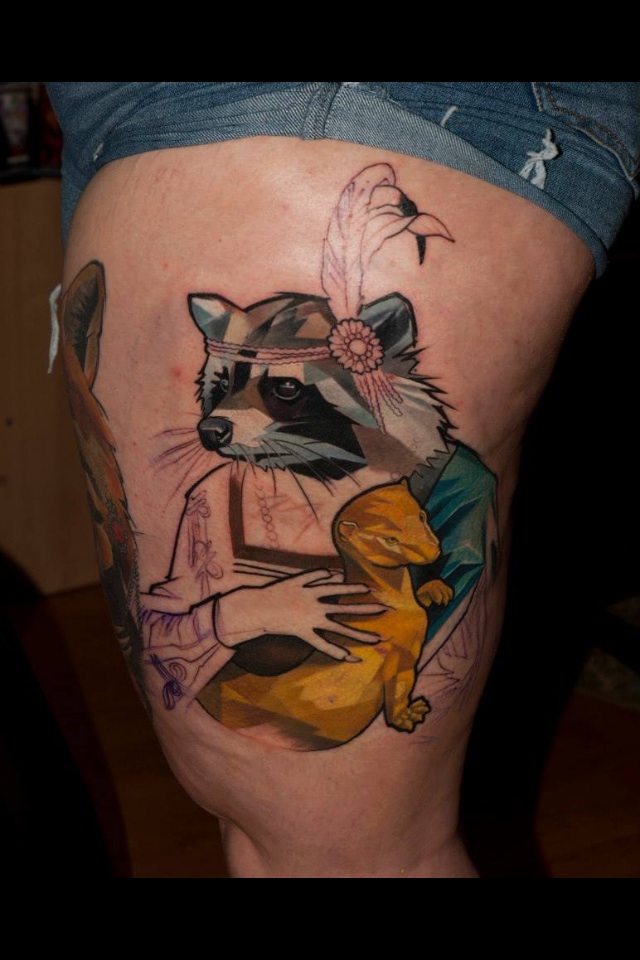 Abstract Raccoon Tattoo On Thigh For Girls