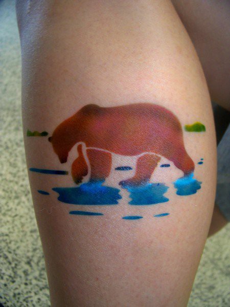 Airbrush Bear Tattoo On Leg Calf