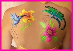 Airbrush Butterfly And Flower Tattoo On Upper Back