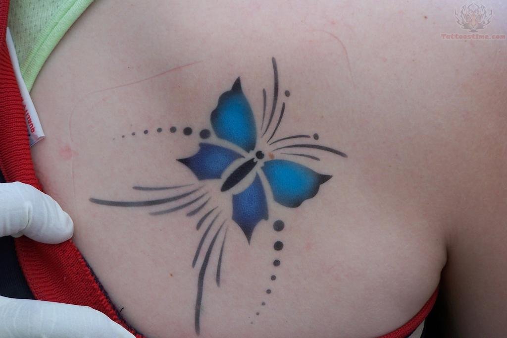 Airbrush Butterfly Tattoo On Right Back Shoulder