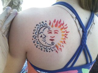 Airbrush Sun And Half Moon Tattoo On Girl Left Back Shoulder