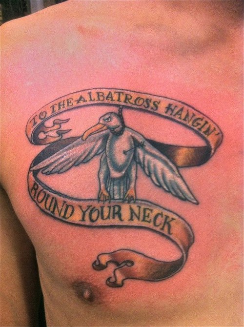 Albatross With Banner Tattoo On Man Chest