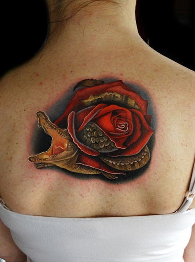 Alligator In Red Rose Tattoo On Upper Back